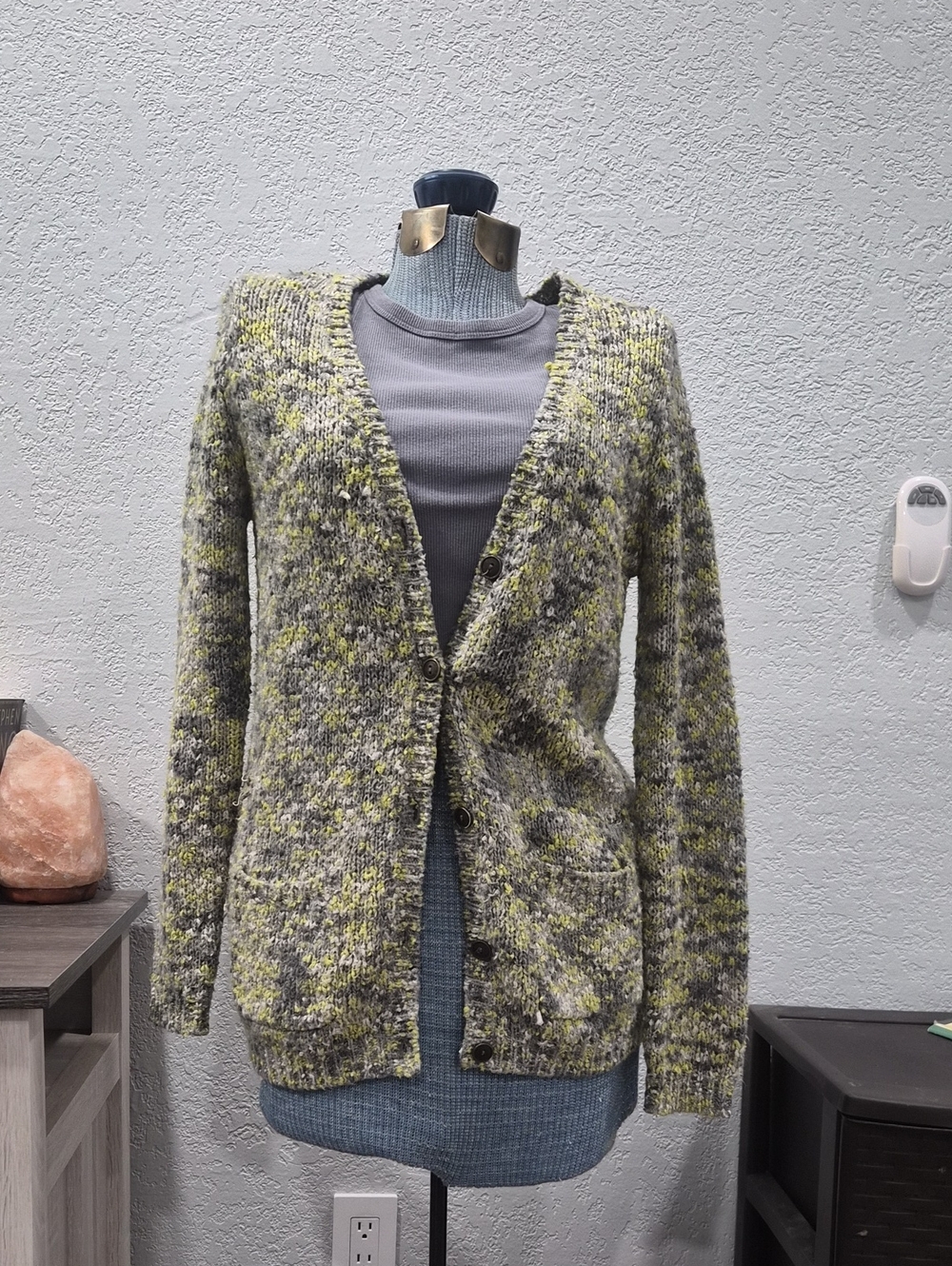 Speckled Gray & Lime Button-Up Knit Cardigan
